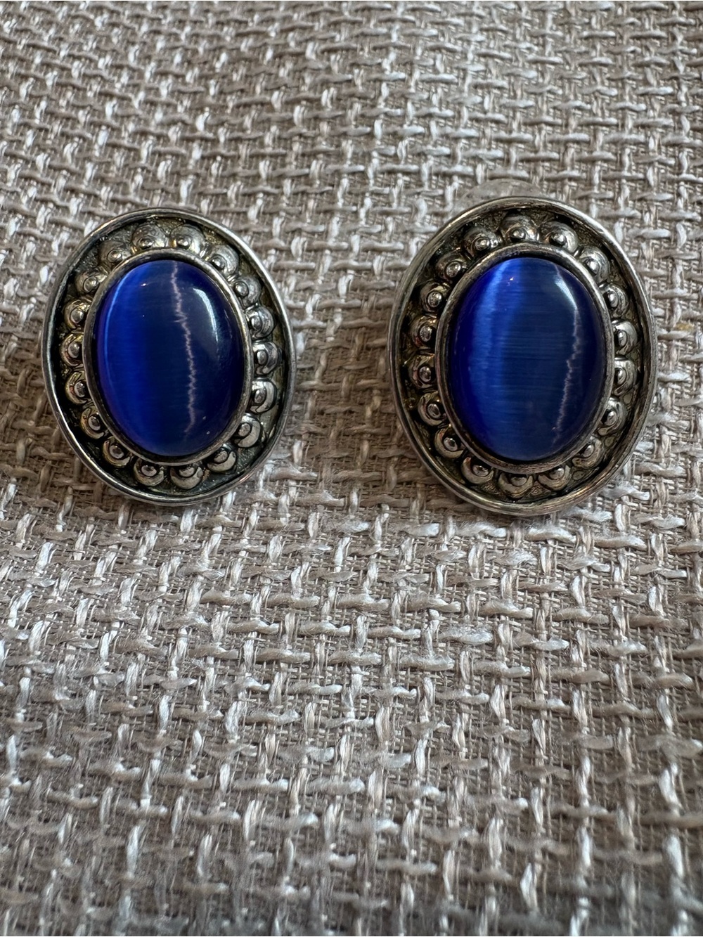 Blue Stone Silver-Tone Oval Earrings with Surgical Steel Posts GUC